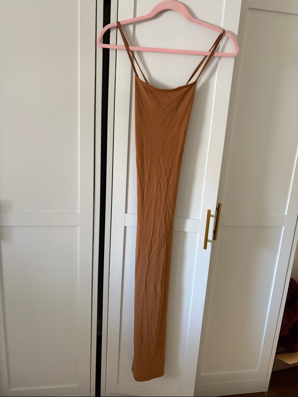 Sleek Camel Slip Maxi Dress with Spaghetti Straps